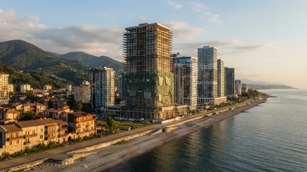 Torri residenziali sul lungomare di Batumi, una con ponteggi