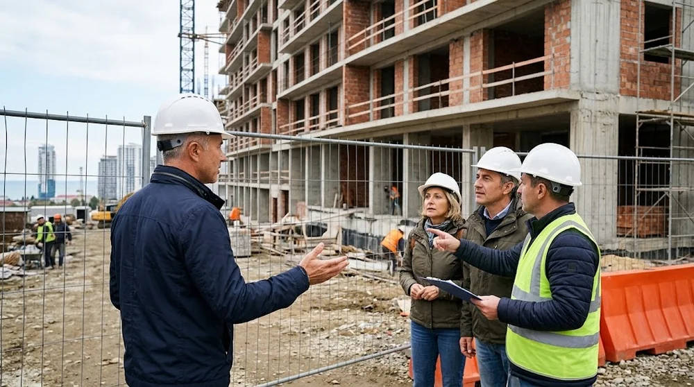 Agente immobiliare e tecnico osservano un edificio residenziale in costruzione a Batumi