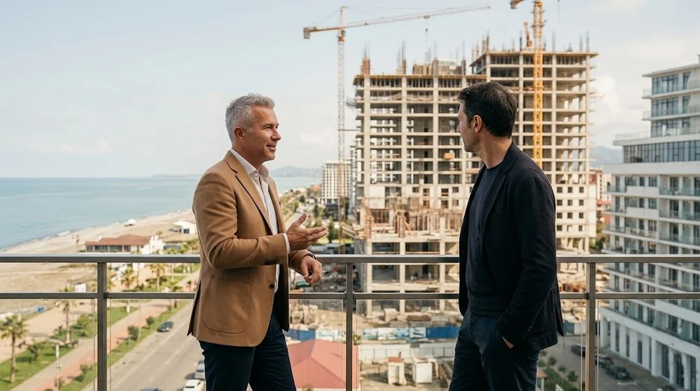 Un consulente e un acquirente osservano un edificio in costruzione a Batumi