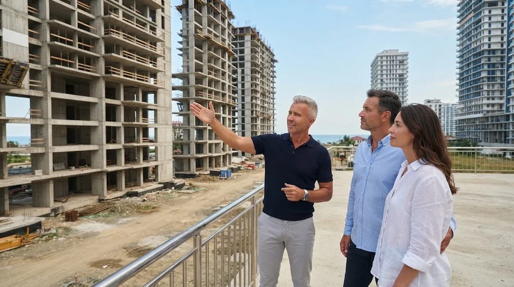 Un consulente e due acquirenti osservano un edificio residenziale in costruzione a Batumi