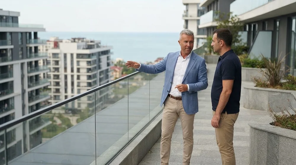 Consulente e acquirente su una terrazza con vista sugli edifici di Batumi e sul Mar Nero