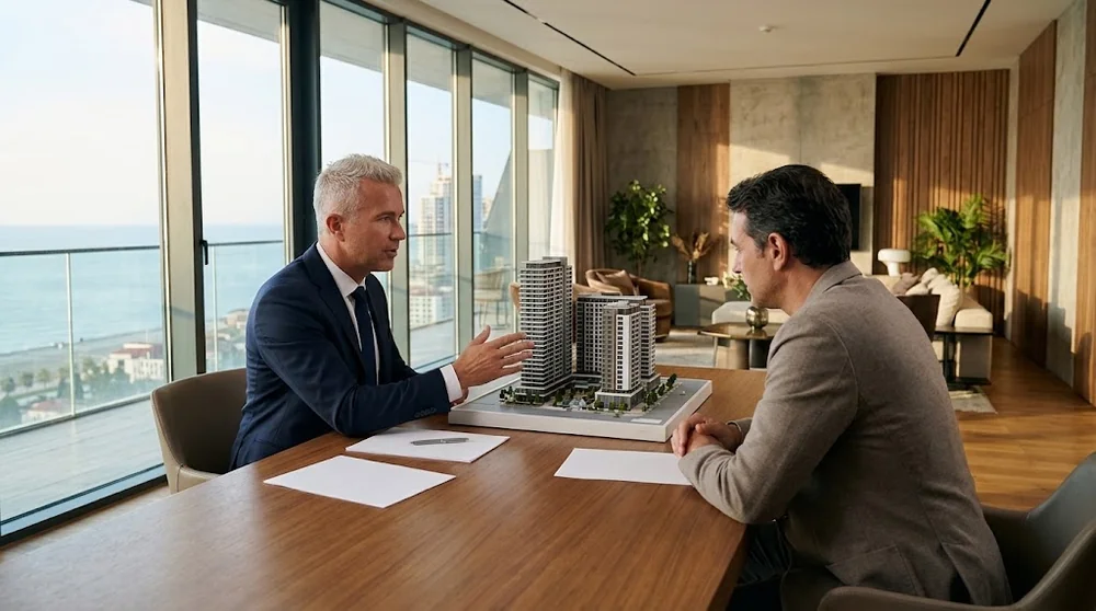 Consulente immobiliare e acquirente esaminano un progetto di appartamento a Batumi