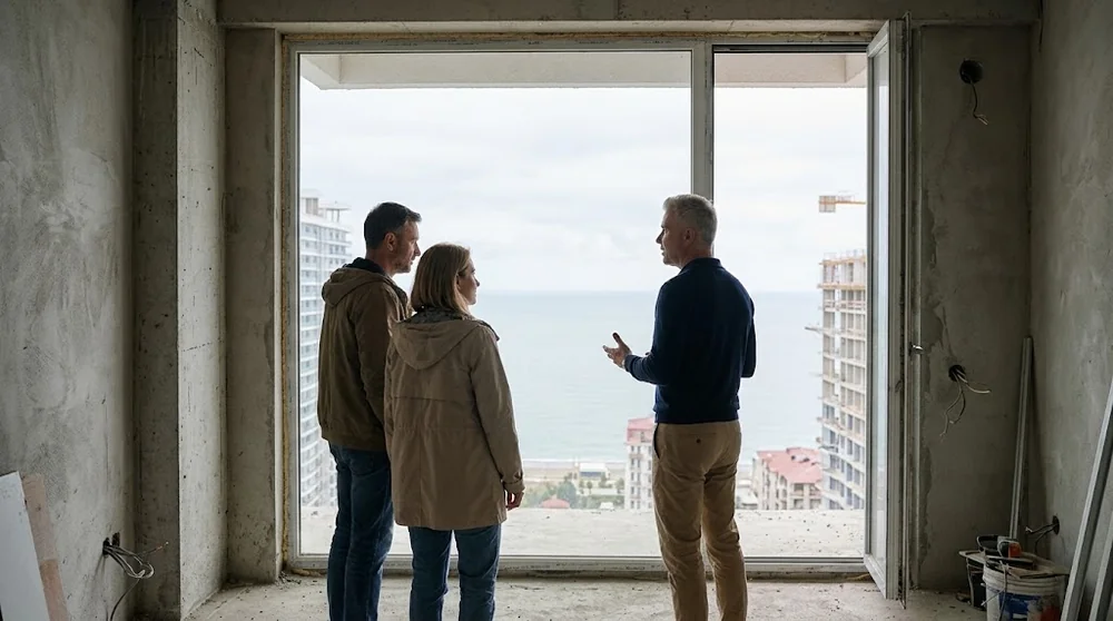 Un consulente e una coppia visitano un appartamento in costruzione a Batumi