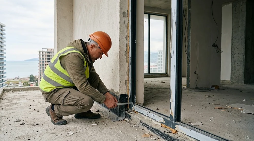 Tecnico controlla il raccordo impermeabile tra balcone e parete esterna