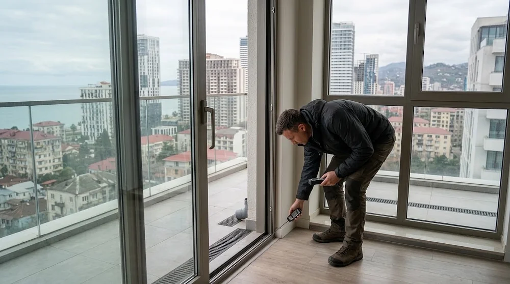 Un tecnico controlla serramenti e drenaggio di un balcone in un appartamento a Batumi