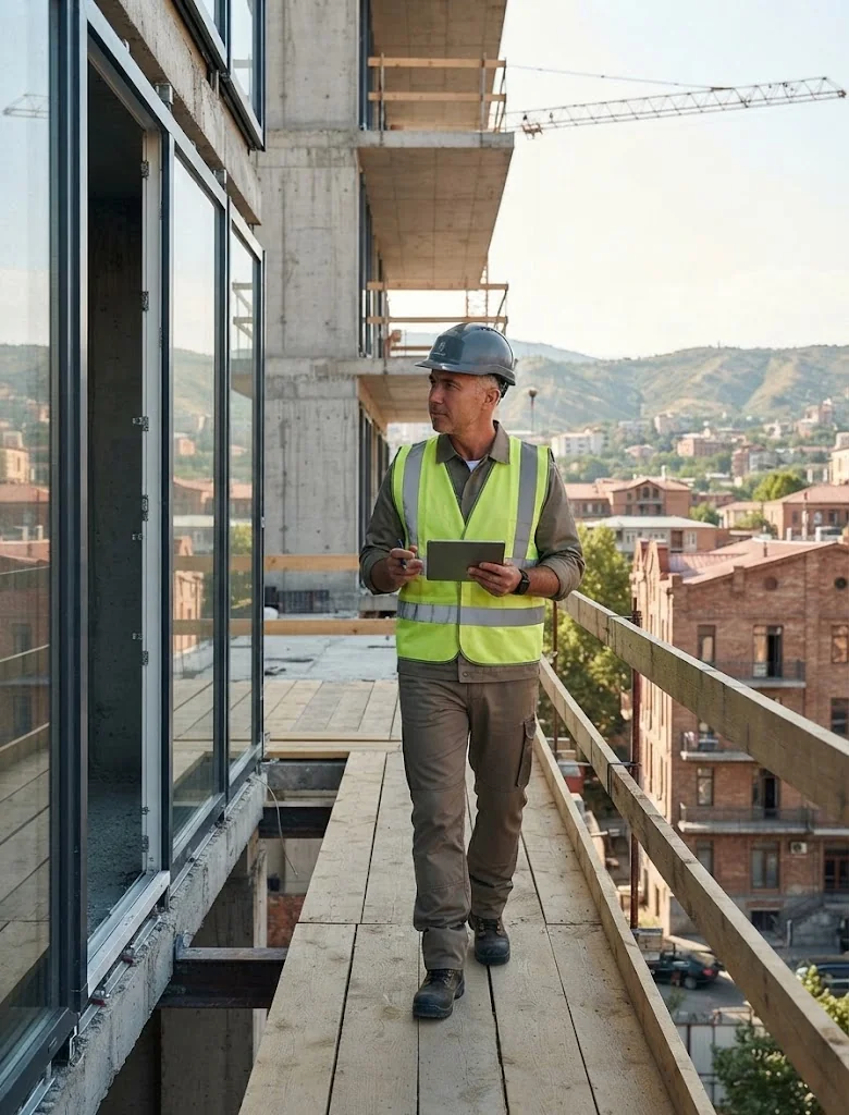 Un tecnico ispeziona la struttura di un edificio residenziale in costruzione a Tbilisi