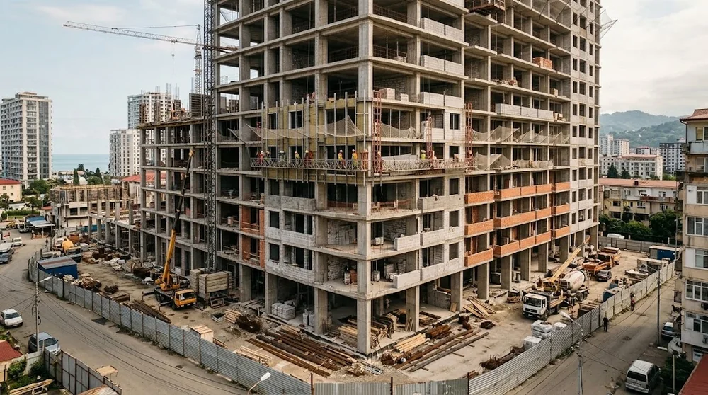 Edificio residenziale in costruzione con struttura e facciata parzialmente completate