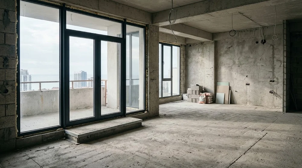 Interno di una nuova costruzione a Batumi con pareti e pavimento da completare
