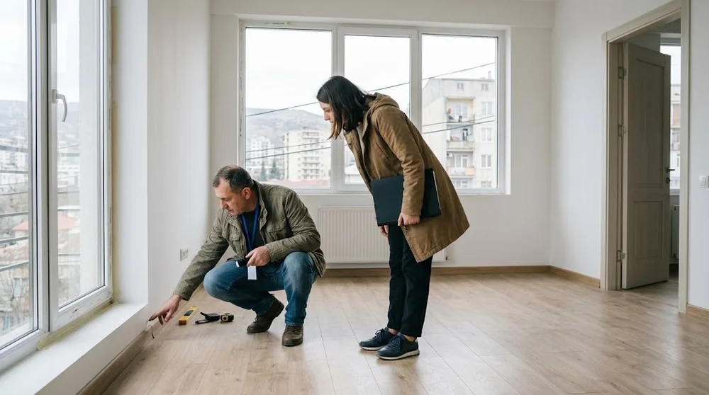 Acquirente e tecnico esaminano finiture e serramenti durante la consegna di un appartamento