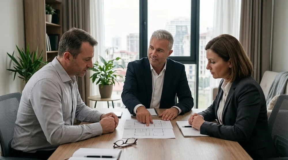 Tre persone esaminano una planimetria durante una consulenza immobiliare