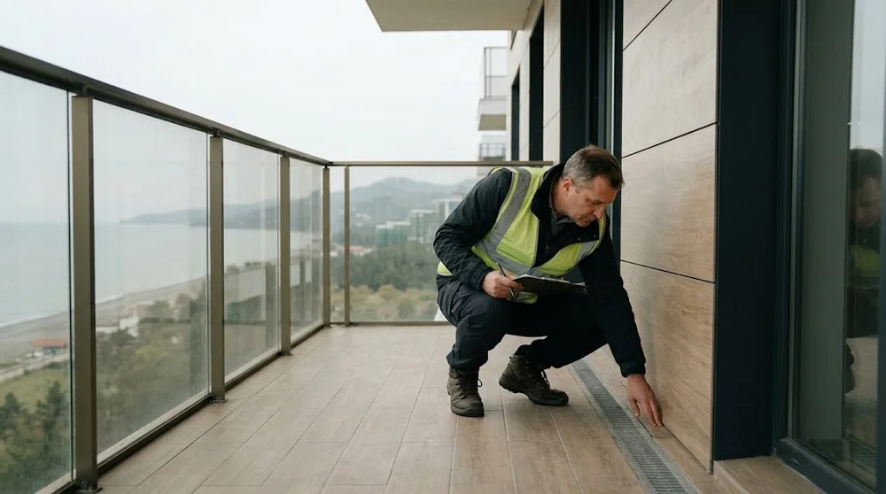 Un tecnico controlla lo scarico e i raccordi di un balcone vicino a Gonio