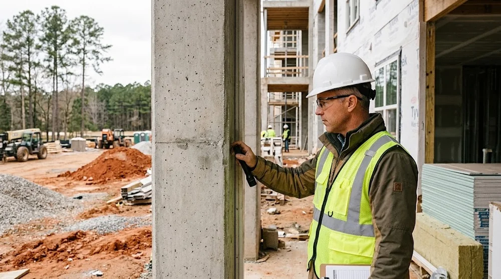 Tecnico controlla l'avanzamento dei lavori di un edificio residenziale