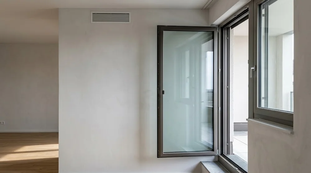 Dettagli di serramento, soglia del balcone e finiture interne di un appartamento