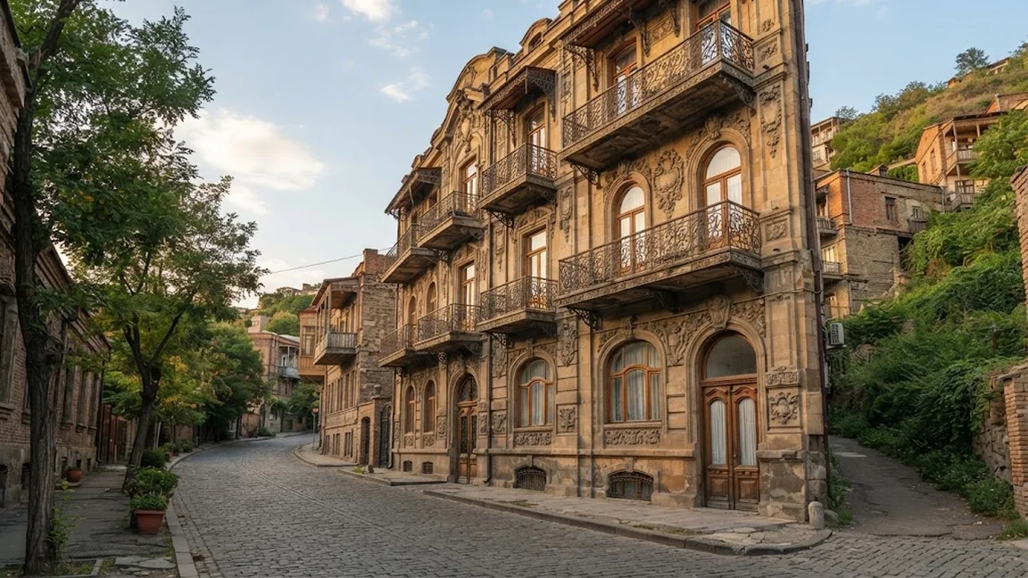 Palazzo liberty con balconi in pietra in una via di Tbilisi